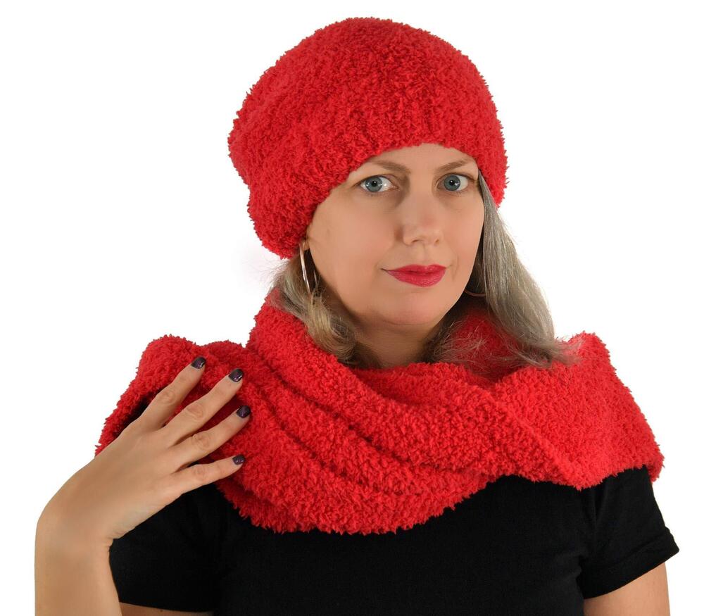 1009 CozyChic Red Beanie and Scarf Set Slouchy 100% Polyester Microfiber
